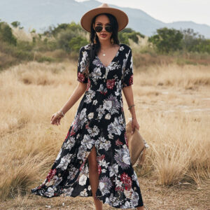 Robe de plage d'été florale avec col en V taille élastique pour les femmes