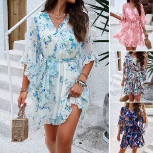 Robe d'été à manches courtes imprimé floral à lacets à volants